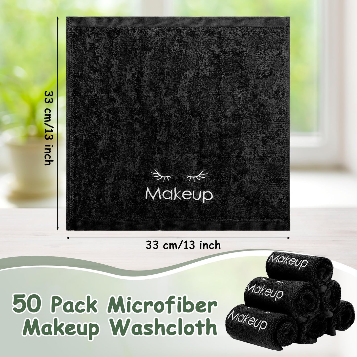 Vabean 50 Pcs Microfiber Black Makeup Washcloths for Face 13 x 13 Inches Makeup Remover Towels Reusable Absorbent Removers Face Wash Cloth with Embroidery for Women