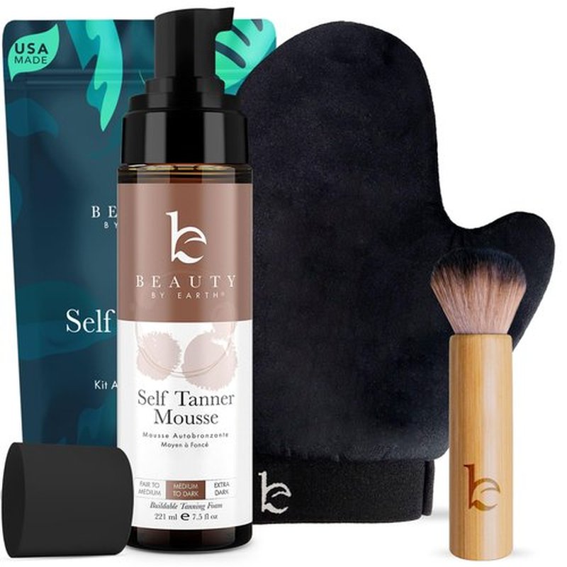 Self Tanner Tanning Mousse Kit - USA Made with Natural & Organic Ingredients, Self Tan Kit with Kabuki Brush & Mitt, Self Tanning Foam for Fake Tan, Non Toxic Sunless Tanner, Self Tanners Best Sellers
