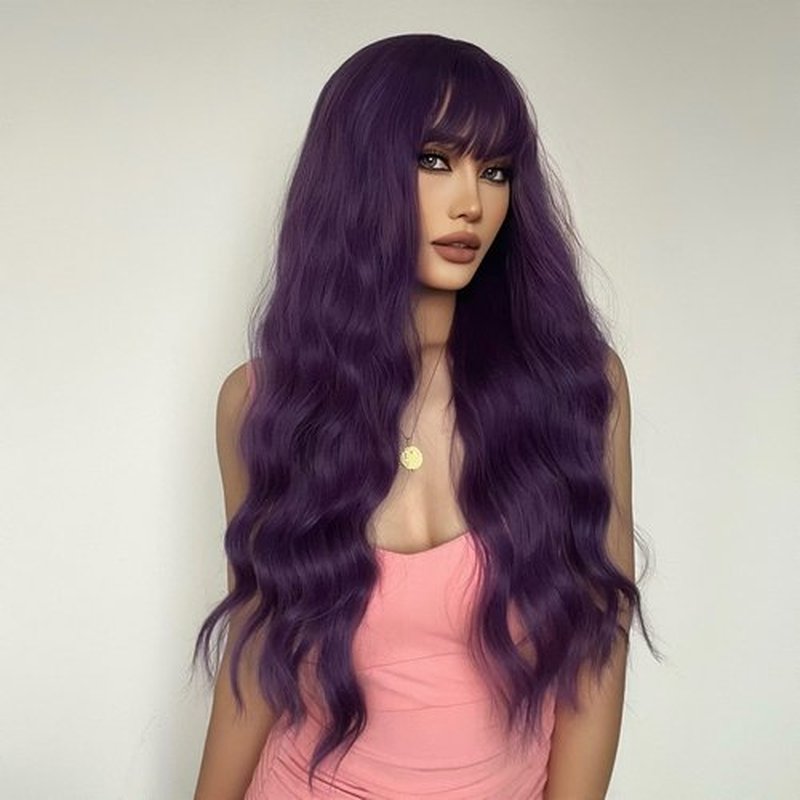 MAGQOO Dark Purple Wig Women Long Curly Wavy Purple Wig with Bangs Synthetic Heat Resistant