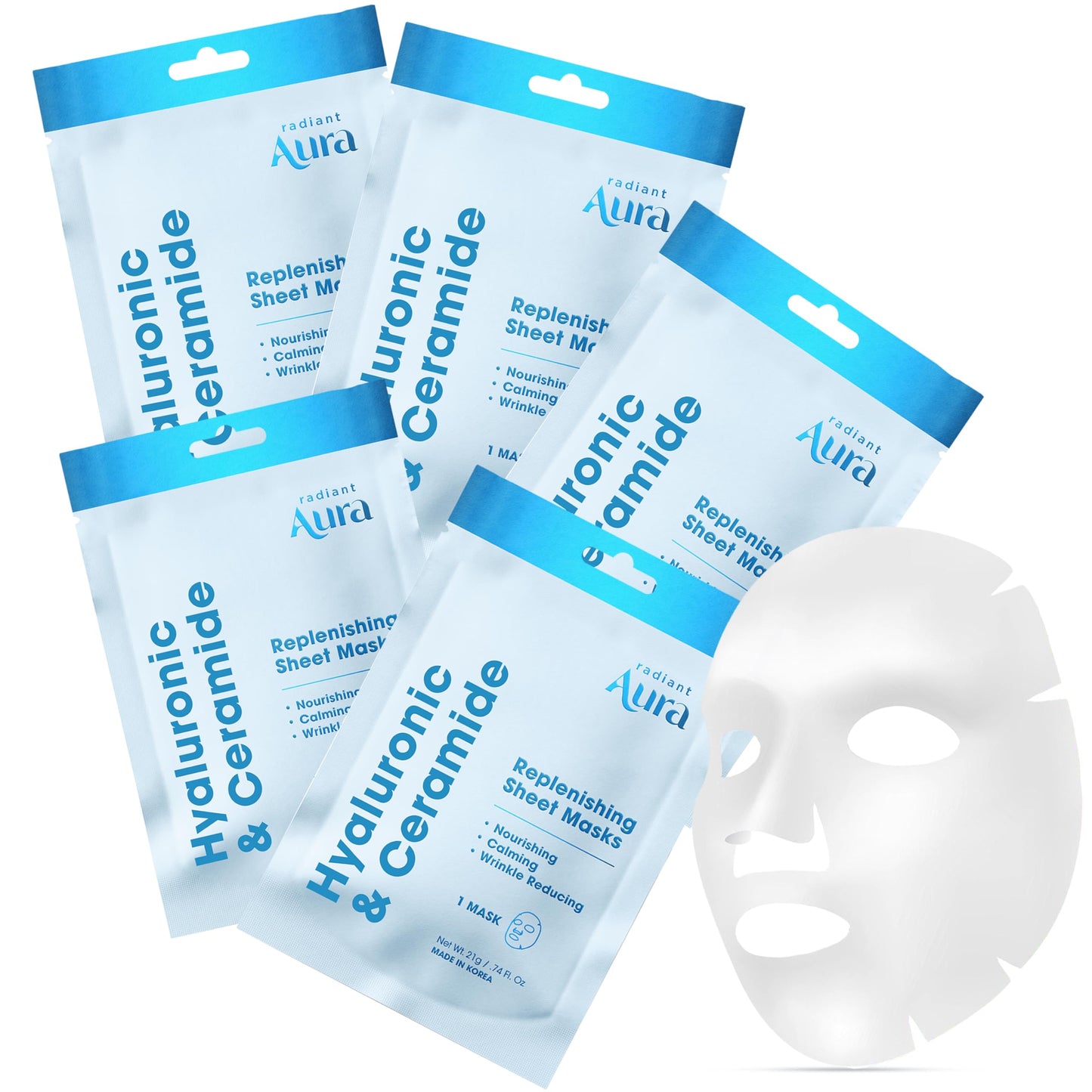 Radiant Aura Ceramide & Hyaluronic Acid Sheet Mask - Dermatologist Tested, Anti Aging, Korean Skin Care - Hydrates, Plumps Fine Lines, Supports Skin Barrier, Pre-Makeup Ready - Vegan, Clean - 5 Count