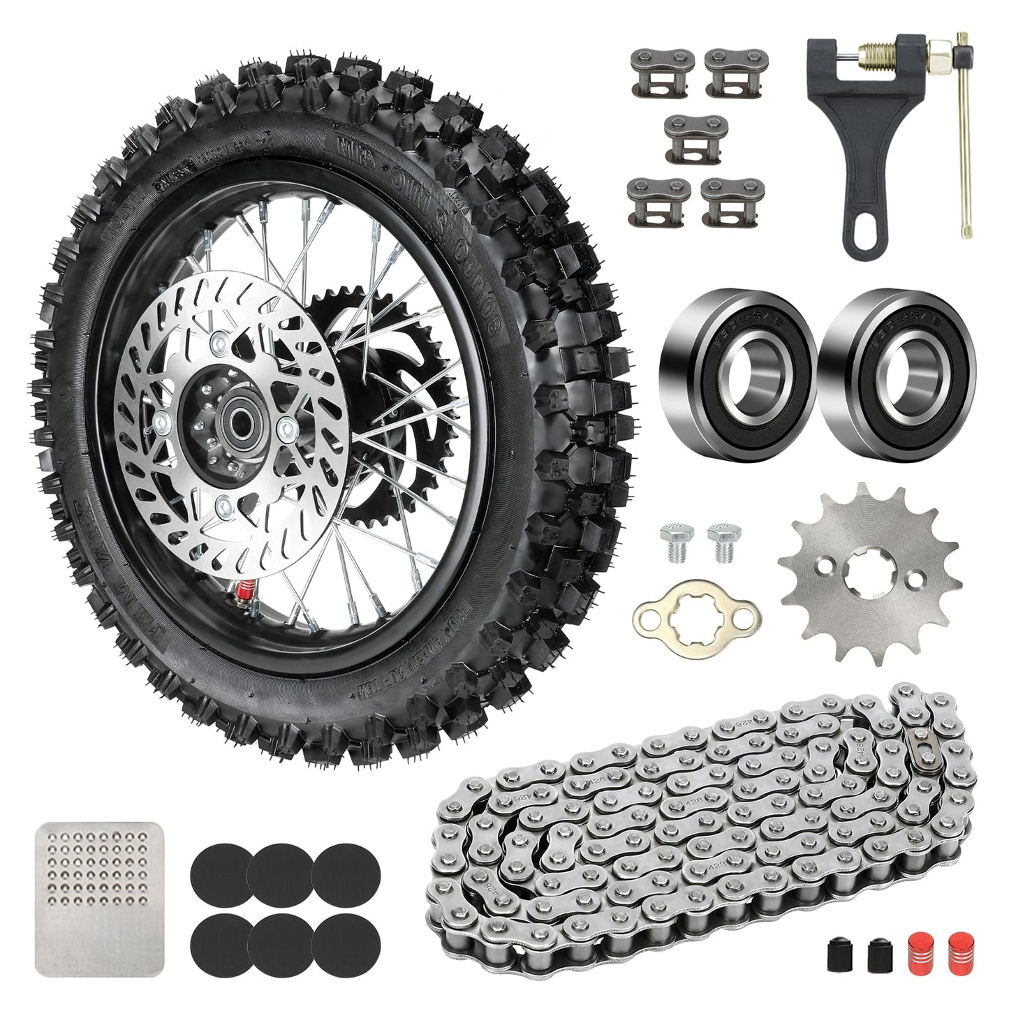 XIKOBY 12'' Rear Wheel 80/100-12 3.00-12 Dirt Bike Tire and Inner Tube Assembly for 110cc 125cc SSR SR125 CX65 TaoTao DB14 Coolster QG-214 with Brake Rotor 428 41T Chain Sprocket