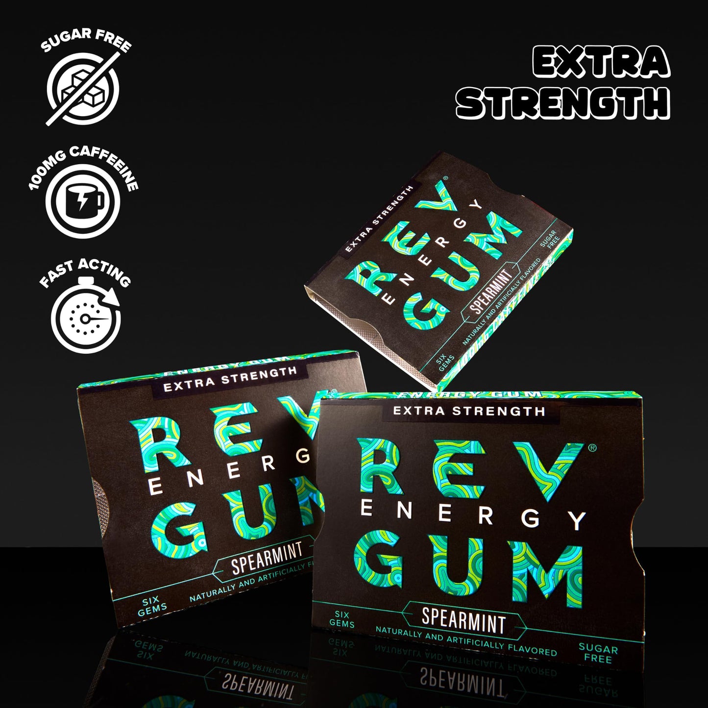 Rev Gum Caffeine Energy Gum | Extra Strength 100mg of Caffeine per Gem | Spearmint Sugar Free Caffeine Gum - Low Calorie Chews to Help You Stay Alert, Awake and Focused - Mint Chewing Gum - 12 Packs (72 Count)