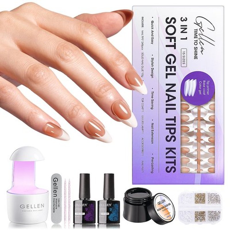 Gellen Brown Almond Press on Nails French Tip - French Tip Kit with Solid Nail Glue Gel and U V Light, Gel Top and Base Coat for Medium Almond Nail French Tips Kit for DIY