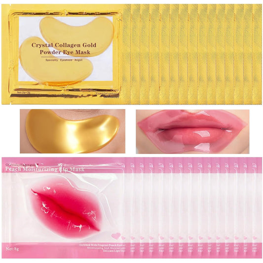 30 Pairs Lip Masks & 24K Gold Eye Masks | Crystal Collagen Under Eye Patches for Puffiness, Wrinkles, Dark Circles