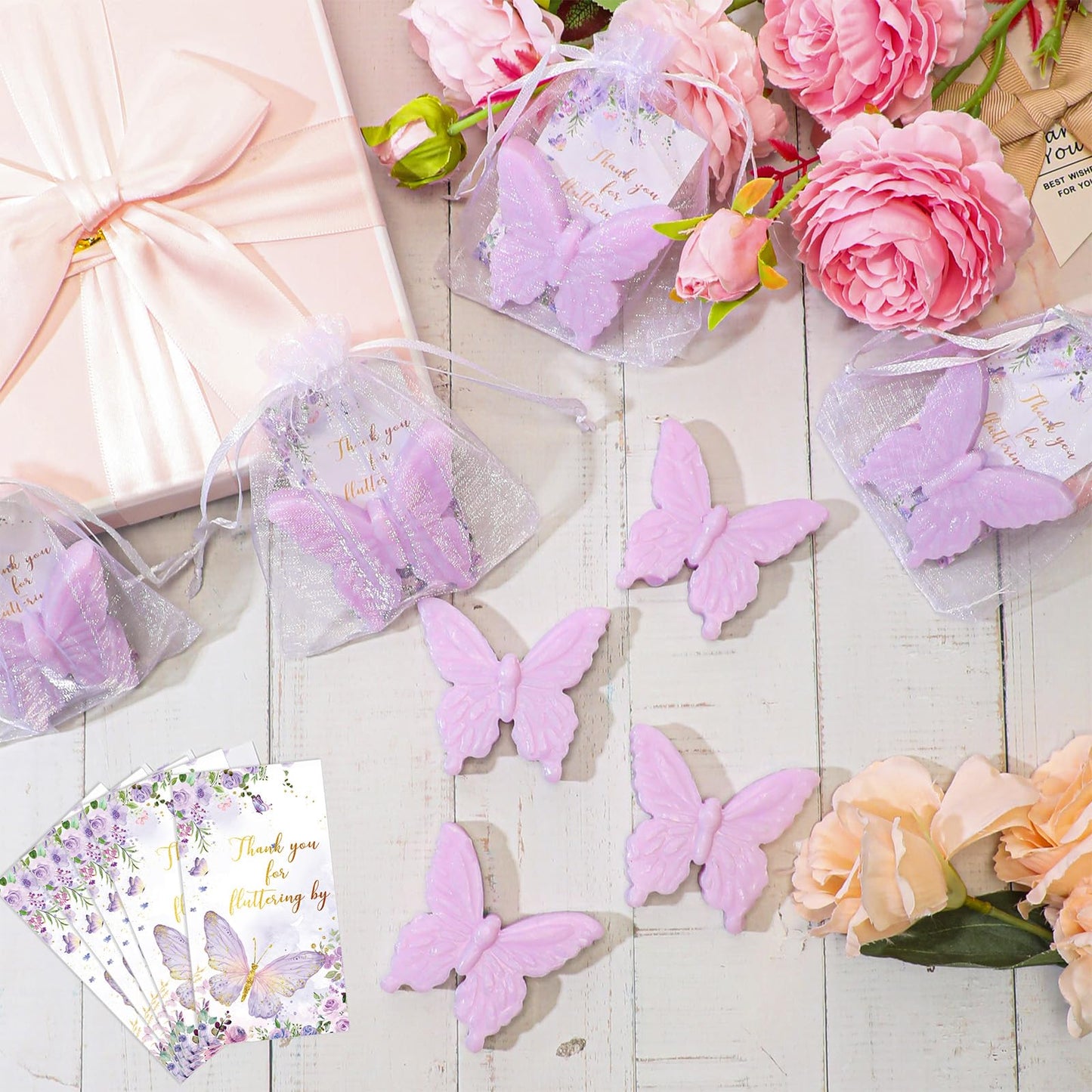 Dunzy 100 Set Butterfly Theme Baby Shower Favors for Guests Butterfly Soap Gifts with Thanks You Card Baptism Gender Reveal Party Wedding Favors Decorations Engagement Souvenirs (Purple)