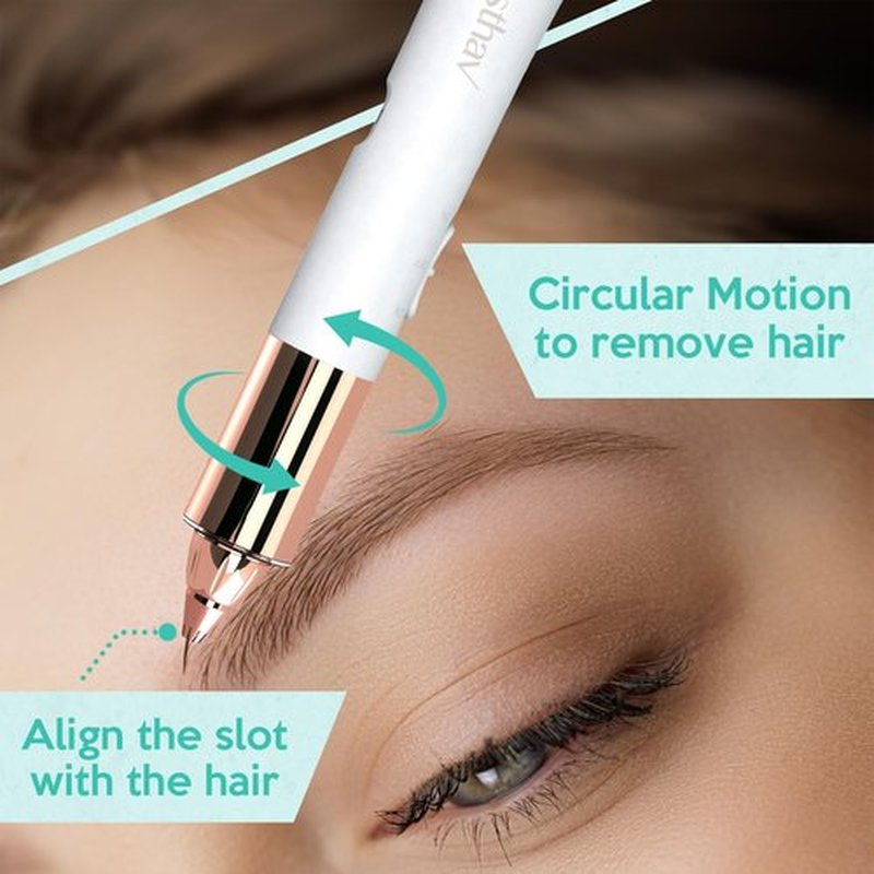 2-in-1 Portable Rechargeable Painless Eyebrow Trimmer & Facial Hair Remover, removes eyebrow, face, lips and body hair for women. 18K gold plated hypoallergenic heads, 360° LED light for Hair Remover