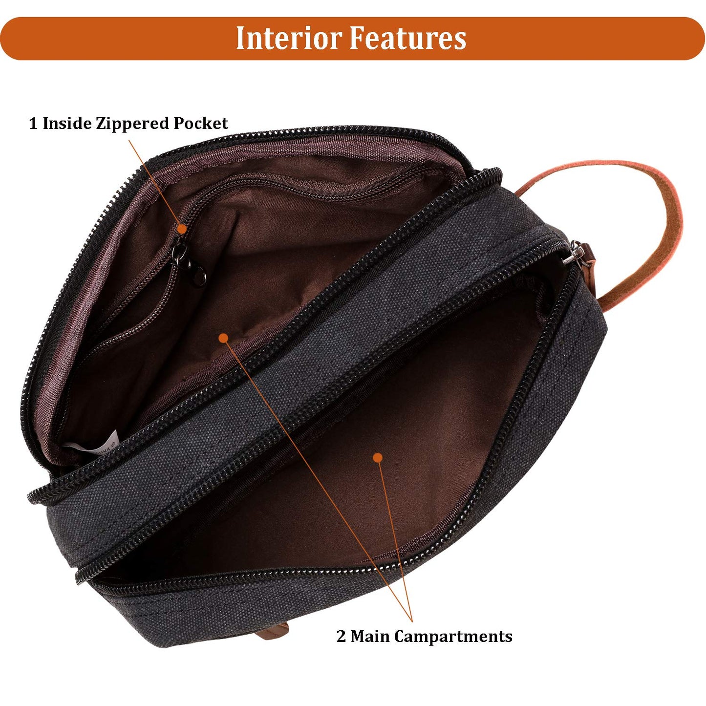 Mactso Men's Toiletry Bag, Vintage Canvas Leather Travel Dopp Kit with 2 Compartments, Heavy Duty Zipper, 9.5x5.5x4 Inch Retro Shaving Makeup Organizer for Business Travel Gym Camping (Black)