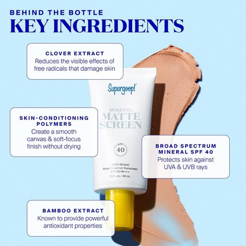 Supergoop! Mineral Mattescreen (SPF 40) - 45 mL - 100% Mineral, Oil-Free Broad Spectrum Sunscreen - Smooths Skin’s Appearance, Minimizes Pores & Controls Shine - Water & Sweat Resistant