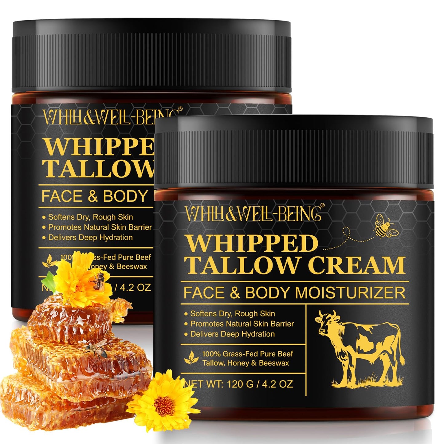 WHLH & WELL-BEING Beef Tallow for Skin, Beef Tallow and Honey Balm, Moisturizer for Face & Body Skin Care(2Pack)