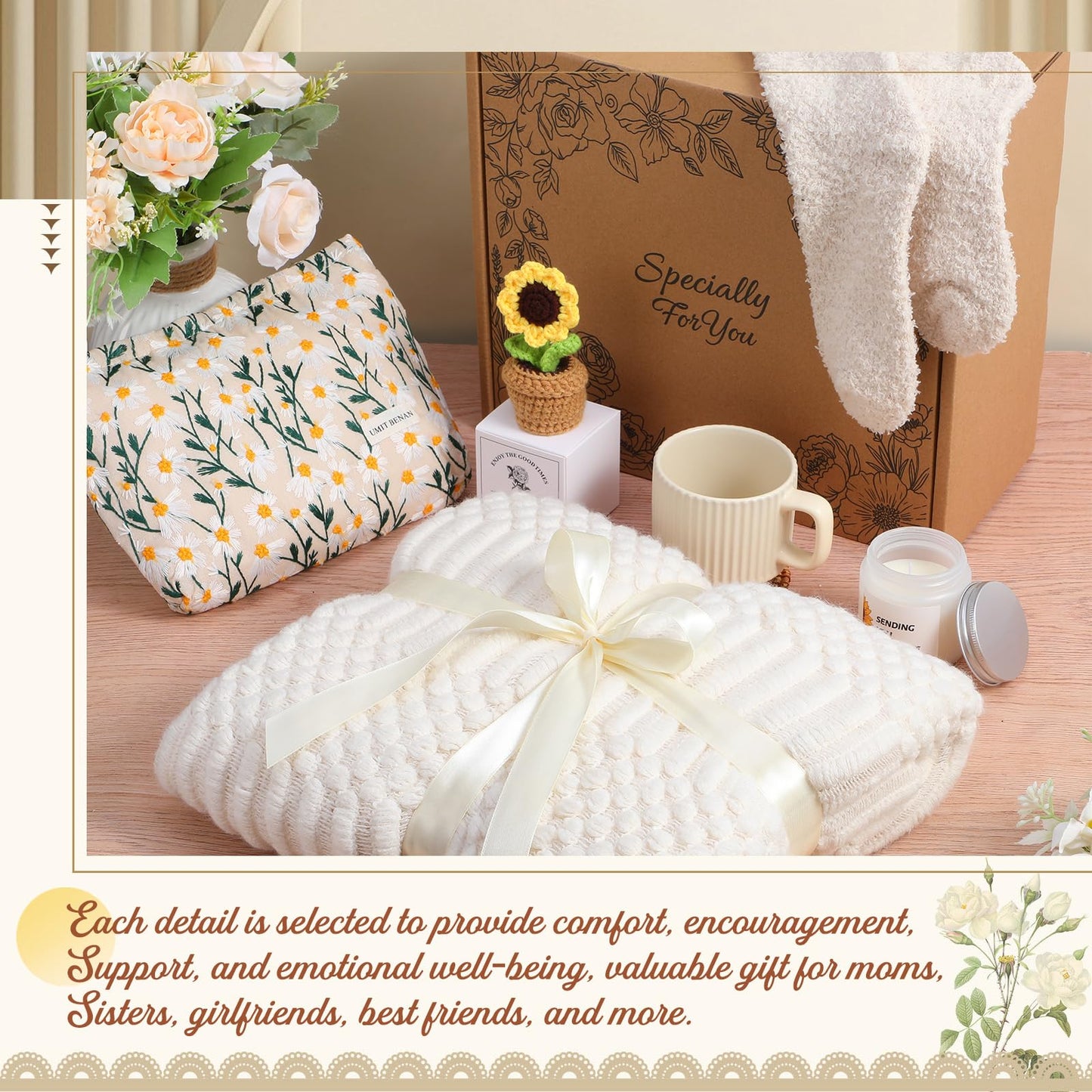 LemonRoad Birthday Gifts for Women, Self Care Gift Basket with Cozy Knit Blanket, Mug, Candle, Socks, Sunflower Decor & Cosmetic Bag, Blanket Gift Set Care Package for Mom Wife Girlfriend Friend