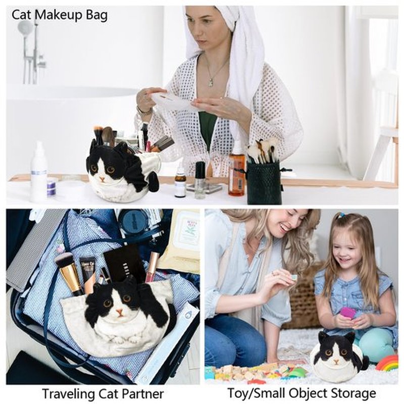 Openhahaha Drawstring Makeup Bag, Cat Makeup Bag, Travel Makeup Organizer, Cosmetic Pouch Bag, Cat Gift for Women, Lay Flat Makeup Bag Gifts for Cat Lovers