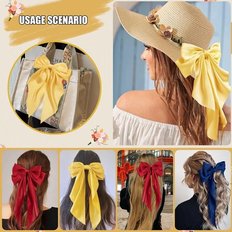 Hair Bows for Women Girls Silky Satin Big Bows Hair Barrettes Oversized Hair Accessories Long Tail Hair Ribbons -3Pcs -Sapphire Blue Yellow Red