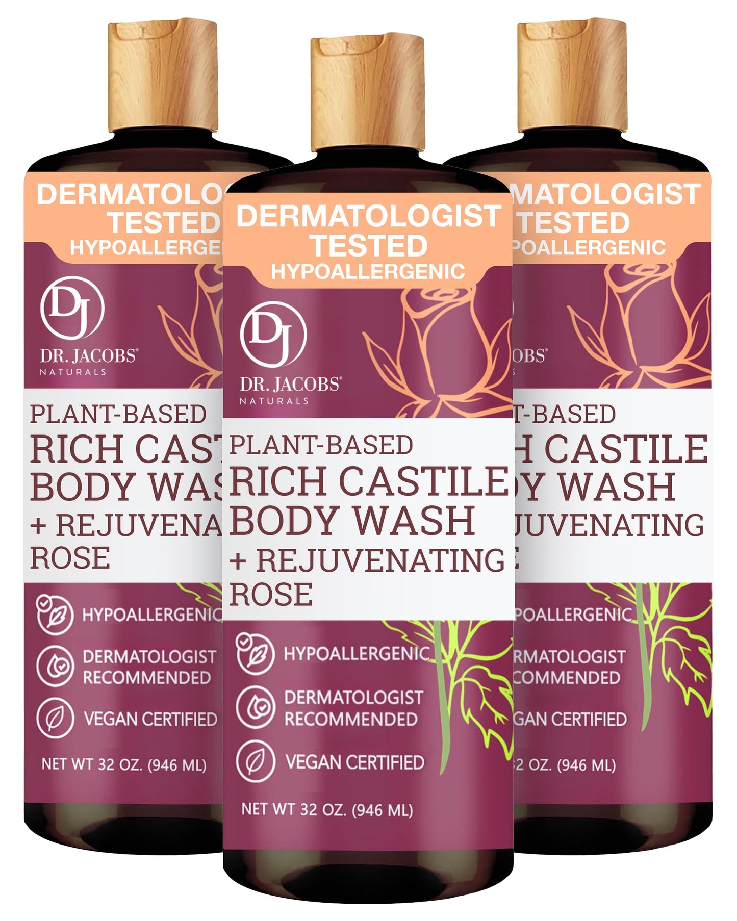 Dr. Jacobs Naturals Pure Castile Soap Liquid Body Wash, Rose - Plant Based Body Soap Infused with Vitamin E and Aloe Vera to Moisturize Dry and Sensitive Skin - Made in The USA - 32 oz, Pack of 3