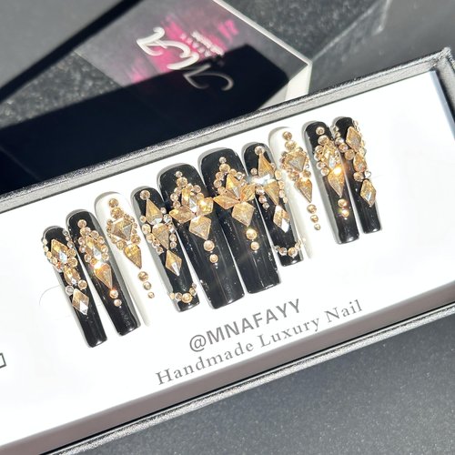 MNAFAYY 100% Handmade Nails 3D Rhinestone Crystal Extra Long Press On Nails Full Cover Luxury Gems Gorgeous Reusable UV Finished Fake False Nails Acrylic Nail Kit With Box Gifts for Women Black S