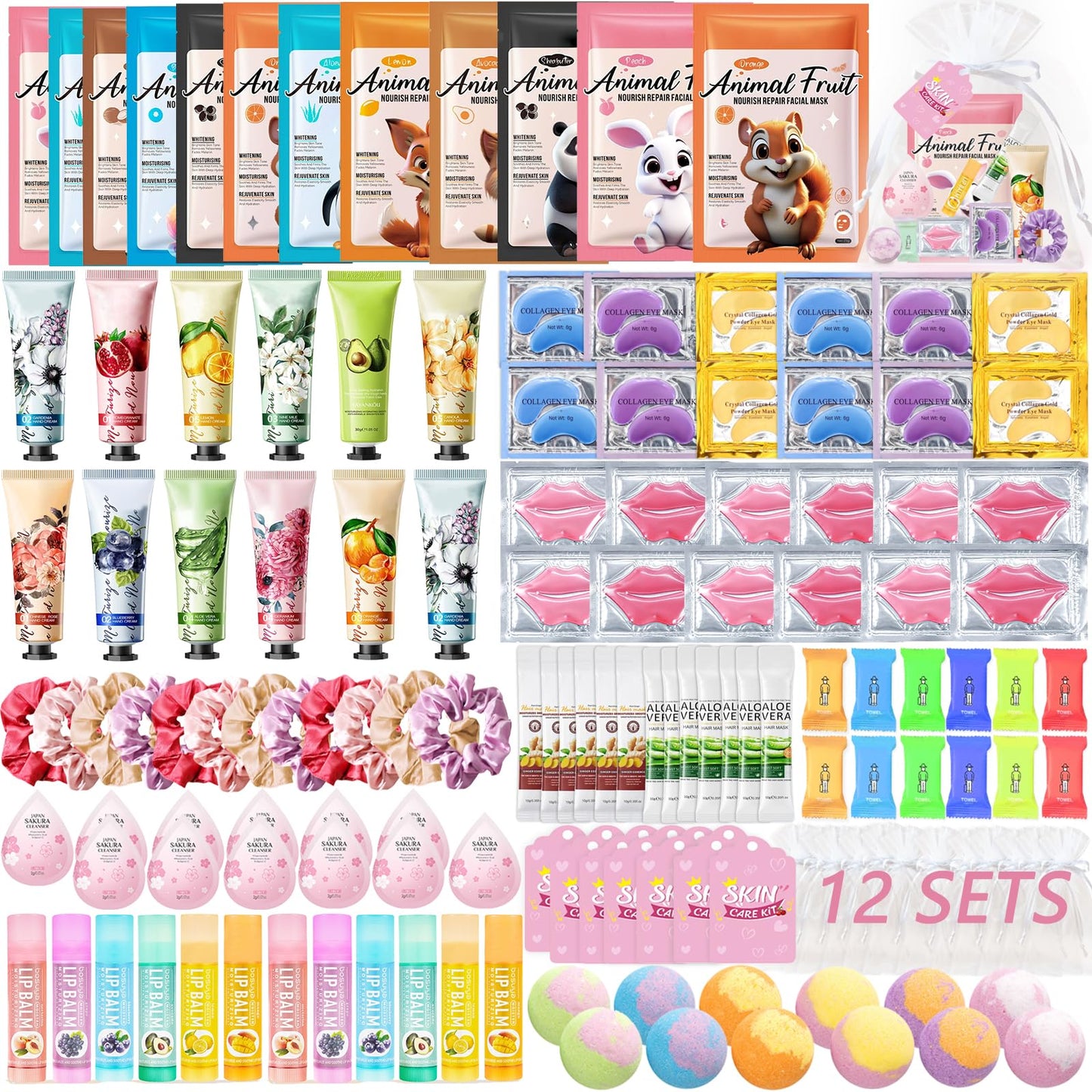 144 PCS Spa Party Supplies for Women, Include Face Masks, Hair Masks, Facial Cleanser, Hand Cream, Lip Balm, Under Eye Patches, Lip Mask, Compressed Towels, Foot Bath Bombs, Sleepover Spa Party Favors