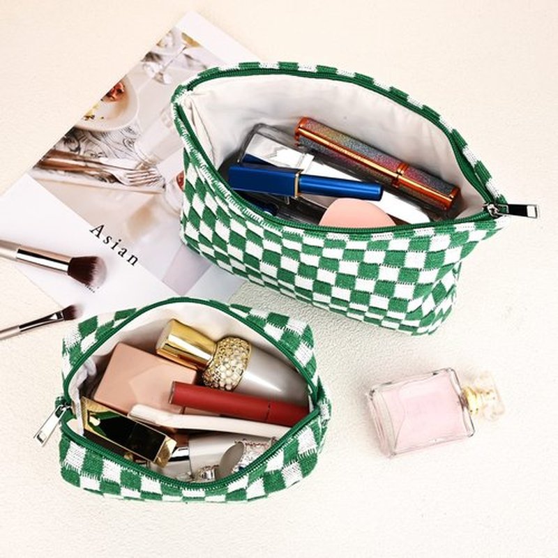 SOIDRAM 2 Pieces Makeup Bag Large Checkered Cosmetic Bag Capacity Canvas Mix Travel Toiletry Bag Organizer Cute Makeup Brushes Aesthetic Accessories Storage Bag for Women, Checkered Mix Green