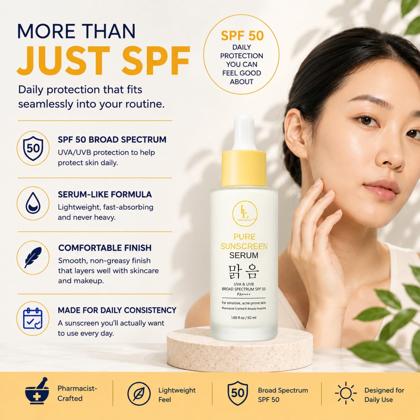 Pure Sunshine Serum SPF 50 | Pharmacist-Formulated Hydrating Face Sunscreen & Primer | Niacinamide Hyaluronic Acid + Vitamin B5 | Invisible Broad Spectrum UV Defense for Oily Sensitive Skin | 1.7 oz