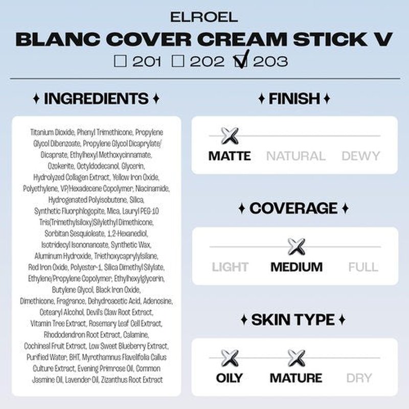 BLANC Cover Cream Stick V w/Detachable Brush - Korean Skin Care Concealer Stick Cream Foundation Makeup Stick w/Collagen, Desert Plant & Flower Oil Extracts (203 Medium Stick Foundation, 0.45 oz)