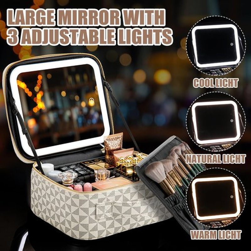 Extrei Gent Makeup Travel Train Case with Mirror LED Light 3 Adjustable Brightness Cosmetic Bag Portable Storage Adjustable Partition Waterproof Makeup Brushes Makeup Jewelry Gift for Women