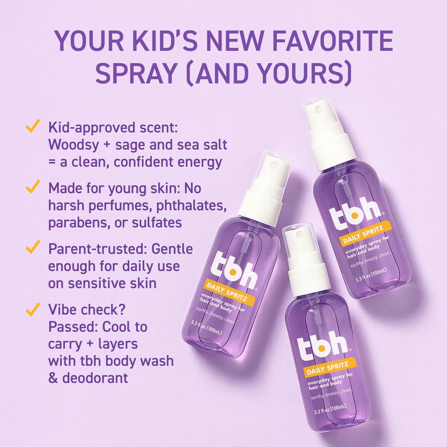 TBH Kids Body Spray & Hair Mist – Clean Body Spray for Girls & Boys – Long-Lasting Scent – Gentle Ingredients, Paraben, Sulfate Free Body Mist for Kids – 3.3oz