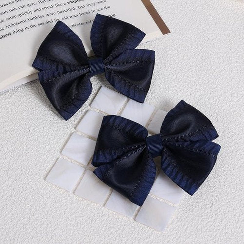 2Pcs Navy Blue Satin Ruffle Ribbon Bow Hair Clips 3inch Small Cute Silky Satin Bowknot Barrettes Alligator Hairpins Wedding Dress Accessories for Flower Girls Toddlers Teens Kids