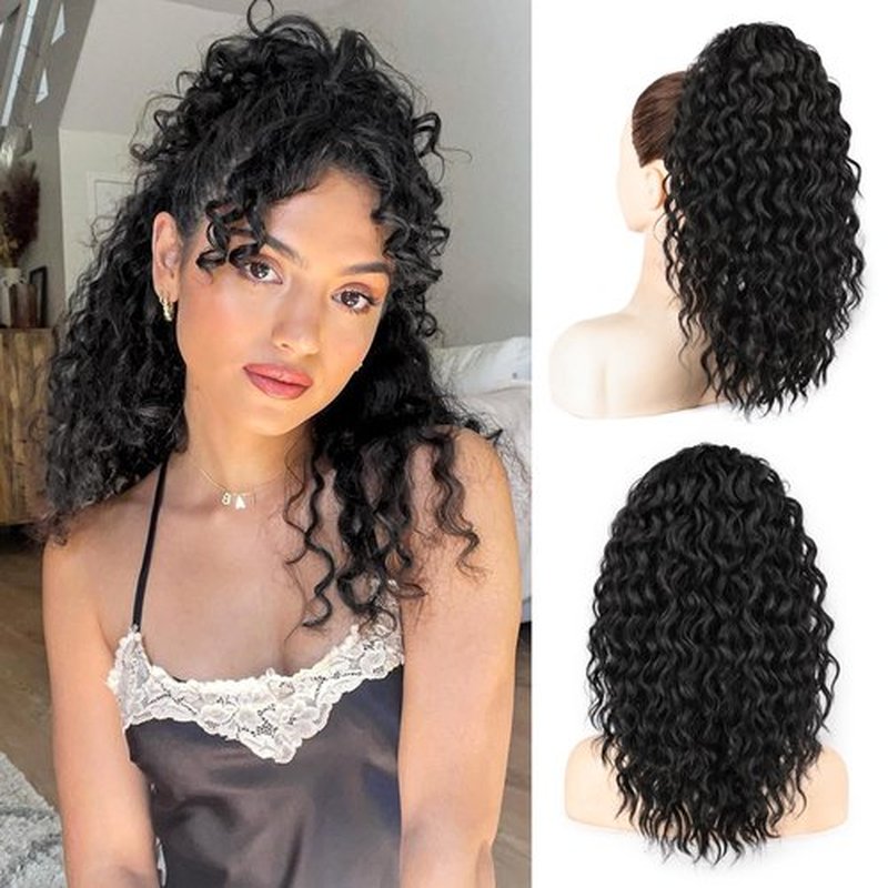 FREEMEIGE Ponytail Extension Drawstring Pony Tails Hair Extensions Synthetic Long Curly Ponytail for Black Women Clip in Ponytail 16 Inch Hairpiece