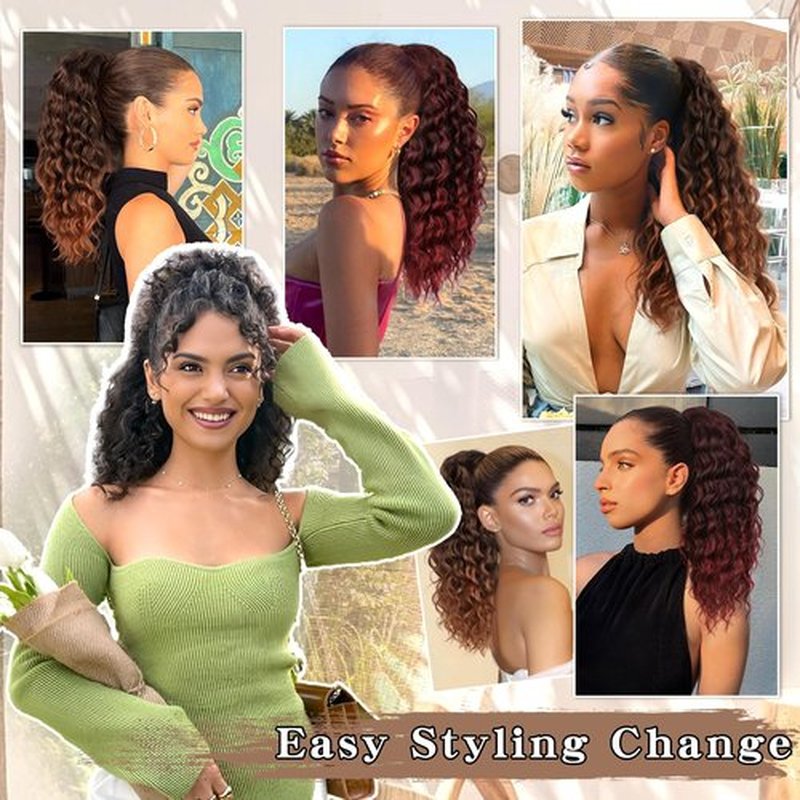 SHNMIN Ponytail Extension, Curly Drawstring Ponytail Extension for Women 18 Inch Curly Wavy Ponytail Yaki Textured Natural Fluffy Synthetic Hairpiece for Daily Use