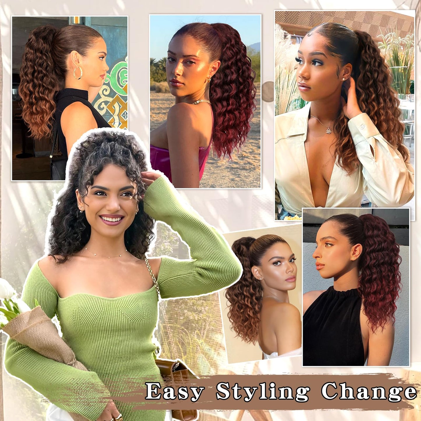 SHNMIN Ponytail Extension, Curly Drawstring Ponytail Extension for Women 18 Inch Curly Wavy Ponytail Yaki Textured Natural Fluffy Synthetic Hairpiece for Daily Use