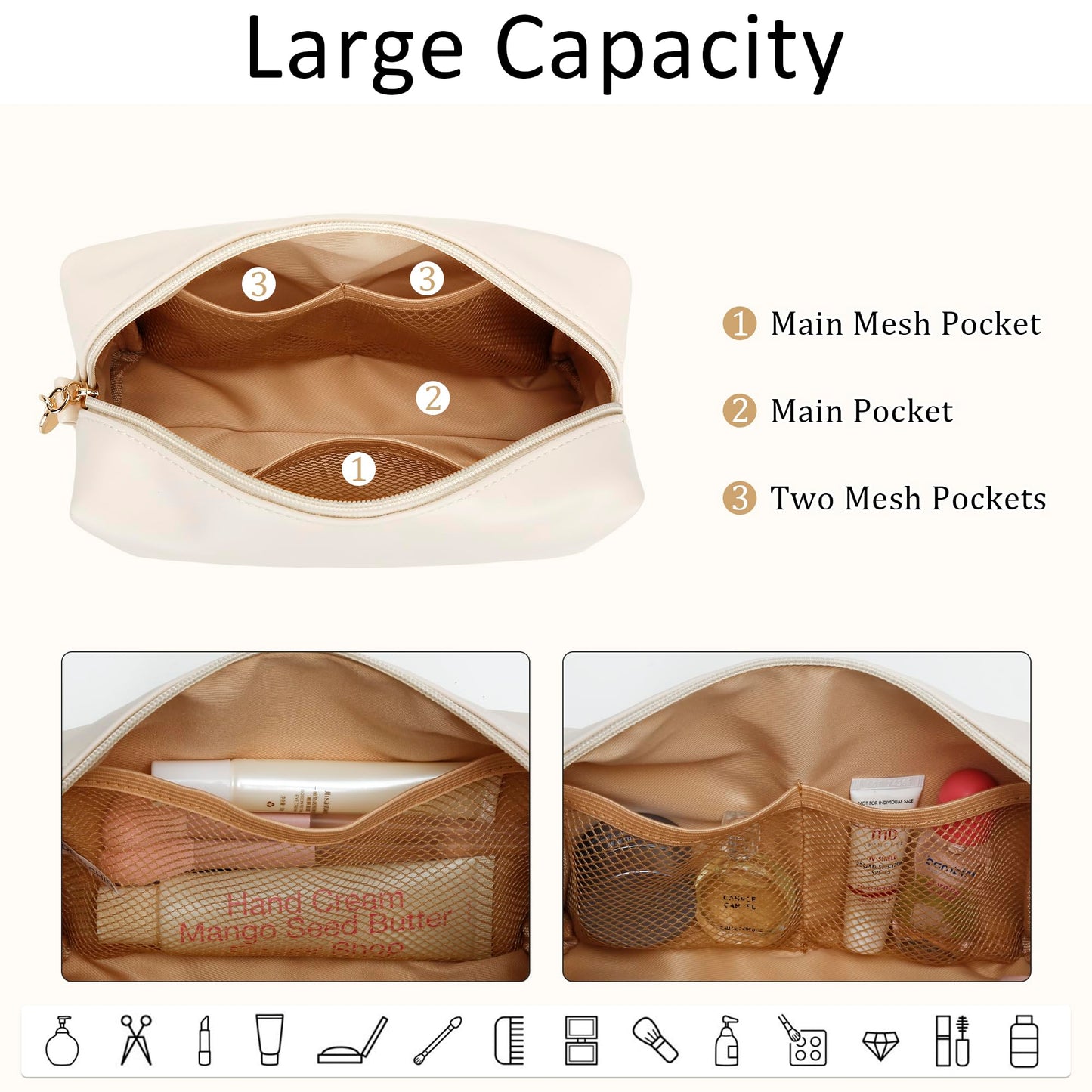 CLOUDWINGS Gifts for Women Bridesmaid Gifts Personalized Initial Makeup Bag PU Leather Cosmetic Waterproof Travel Toiletry Bag (Beige M)