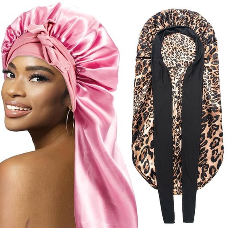 2Pcs Bonnets for Black Women Braid Bonnet, Large Long Bonnet Satin Bonnet for Braids,Black Women Silk Bonnet with Stretchy Tie Band Braid Bonnet for Sleeping Extra Long (Pink & Leopard)