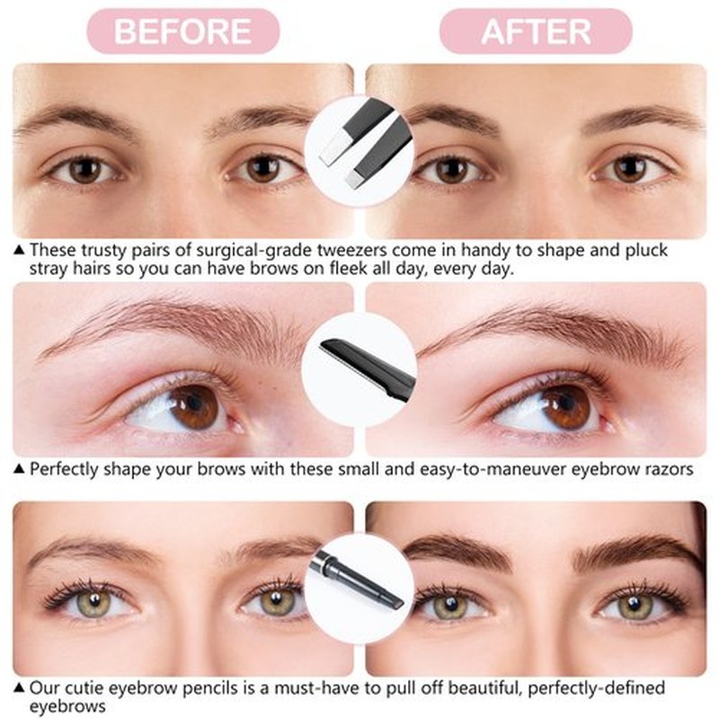 Exquisite Eyebrow Kit - 8 in 1 - Eyebrow Tweezer Kit 4 PCs - Eyebrow Shaping Kit - Multipurpose Eyebrow Grooming kit - Eyebrow Razor, Eyebrow Brush and Comb, Pencil, Eyebrow Scissors in Padded Case