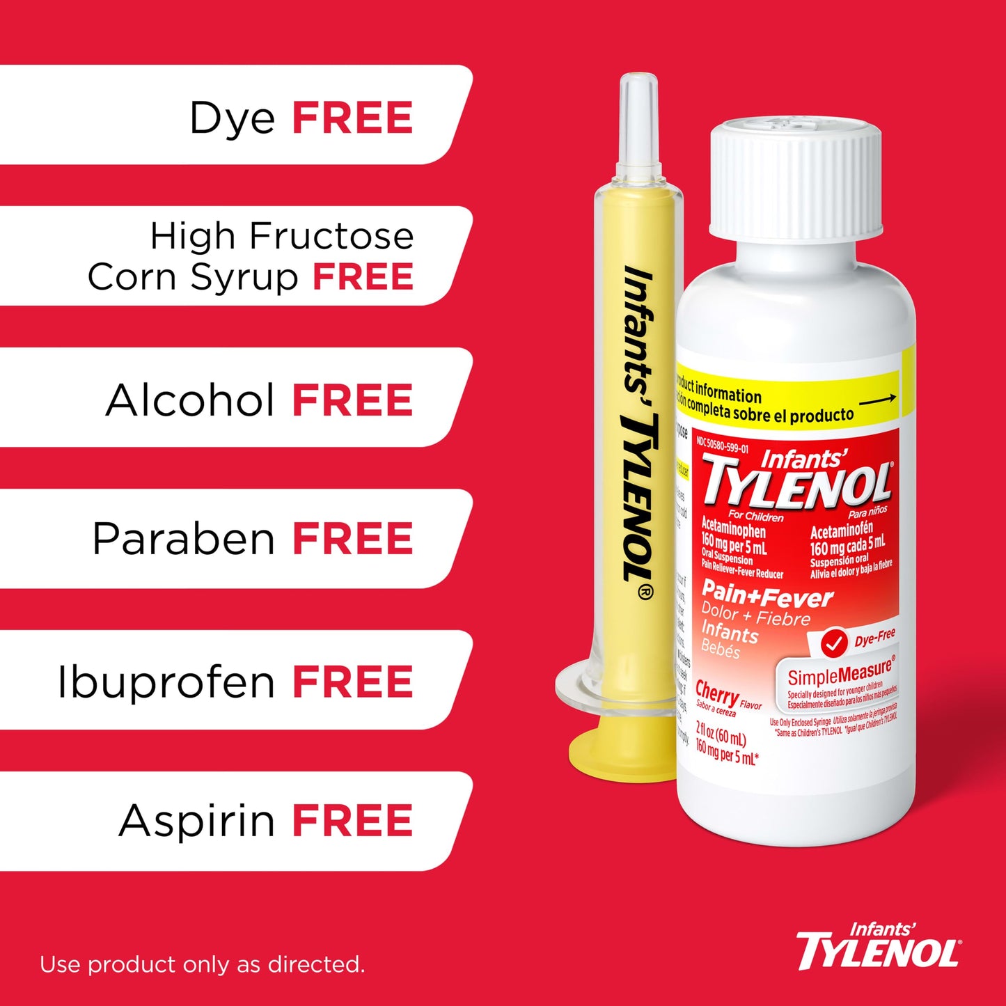 Infants’ Tylenol Dye Free Acetaminophen, Free of Alcohol, Aspirin and Ibuprofen, Oral Suspension, Pain Relief, Fever Reducer, Includes SimpleMeasure Dosing Syringe, Cherry Flavor, 2 Fl Oz