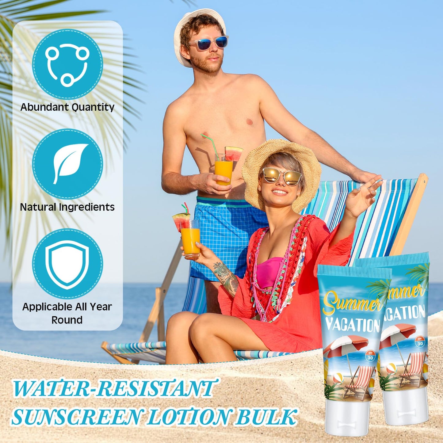 Dansib 36 Pcs Mini Tinted Sunscreen Bulk for Summer Vacation Party Spf 30 Water Resistant Sunscreen Lotion Bulk 1 oz Travel Size for Thank You Gifts Party Supplies (Vacation)