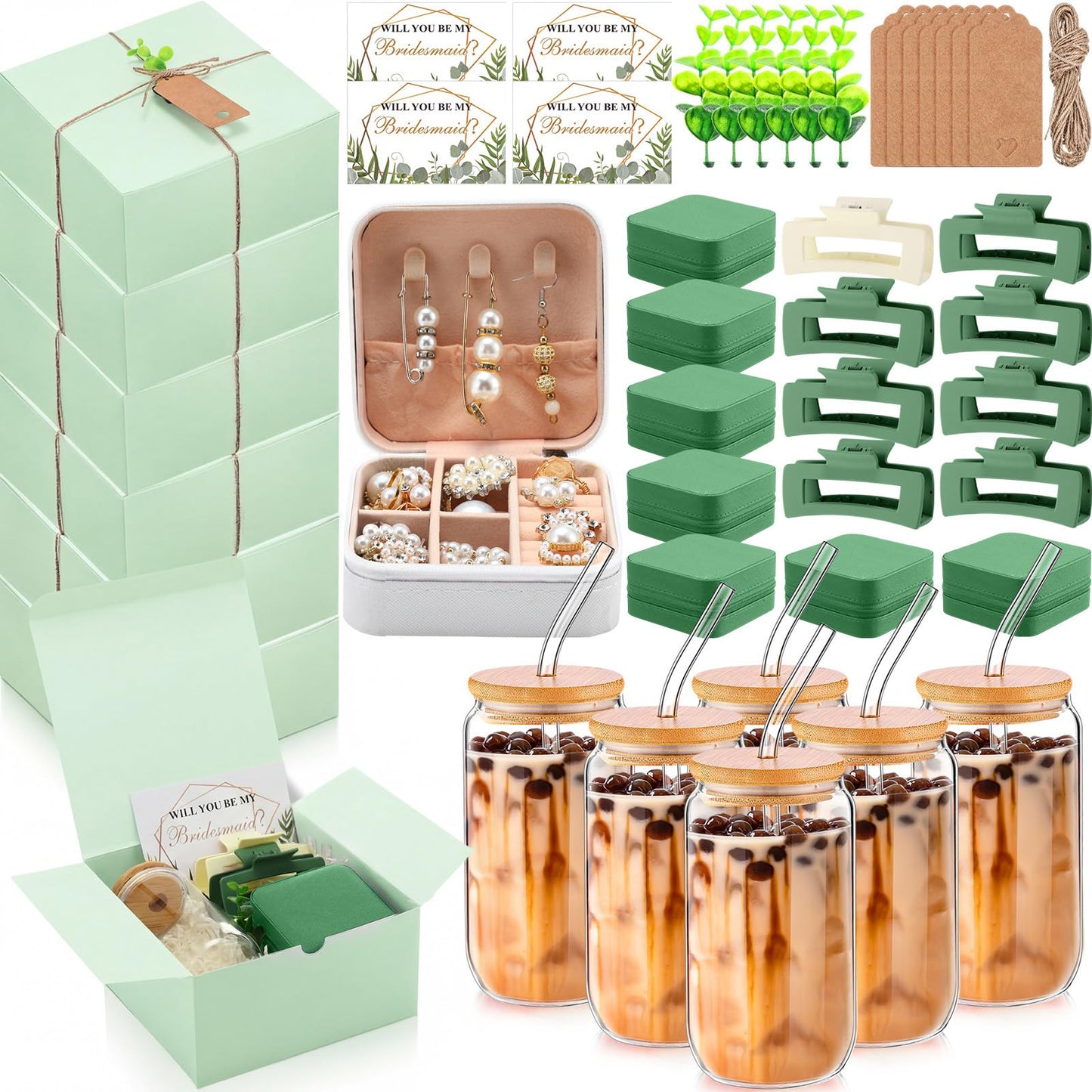 Quelay 56 Pcs Bridal Gift Set, 15oz Glass Cup, Mini Jewelry Box, Square Clips, Will You Be My Bridesmaid Invitation Card for Bridal Shower & Bachelorette Party(Classic,Green)
