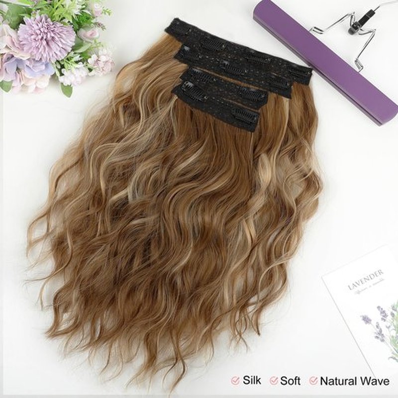 KUIRAN Hair Extensions, Clip in Hair Extensions 14" Short Wavy Hair Extensions 4PCS Hair Extensions Invisible Lace Weft Natural Soft Hairpieces for Women - Light Brown with Blonde Highlights