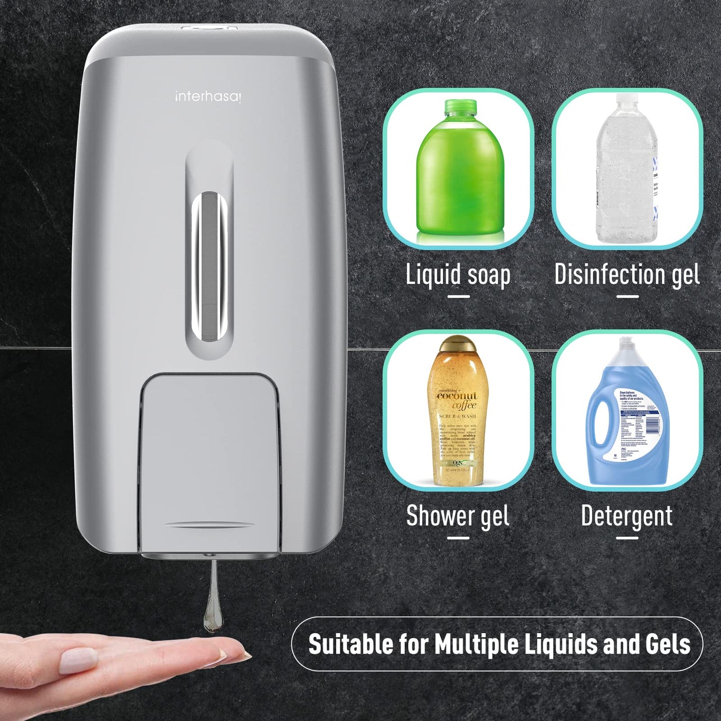 interhasa! Soap Dispenser Wall Mount Refillable 28oz Hand Sanitizer Dispenser Commercial Hand Soap Dispenser for Bathroom Support Liquid Gel Soap