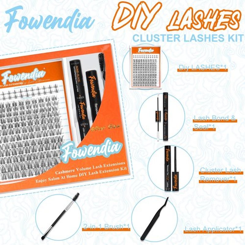 Fowendia Individual Cluster Lashes D Curl DIY Lashes Extension Kit Classic Lashes Lash Clusters 8-18mm with Bond, Seal, and Remover - Ultra-Invisible Band Lashes, No-Glue Lower Lashes, First Met-Kit