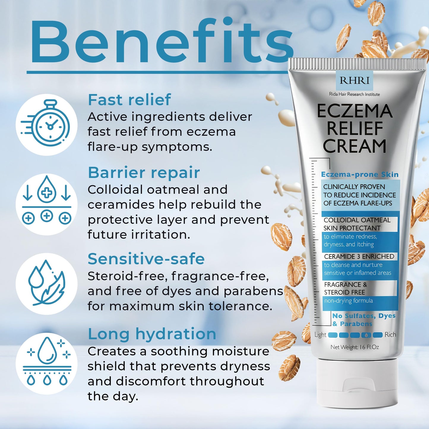 Eczema Cream For Adults with Colloidal Oatmeal | Eczema Treatment for Dry Itchy Skin | Relieves Itching Redness & Flaking | Soothing Moisturizer for Sensitive & Irritated Skin | 16 Fl Oz