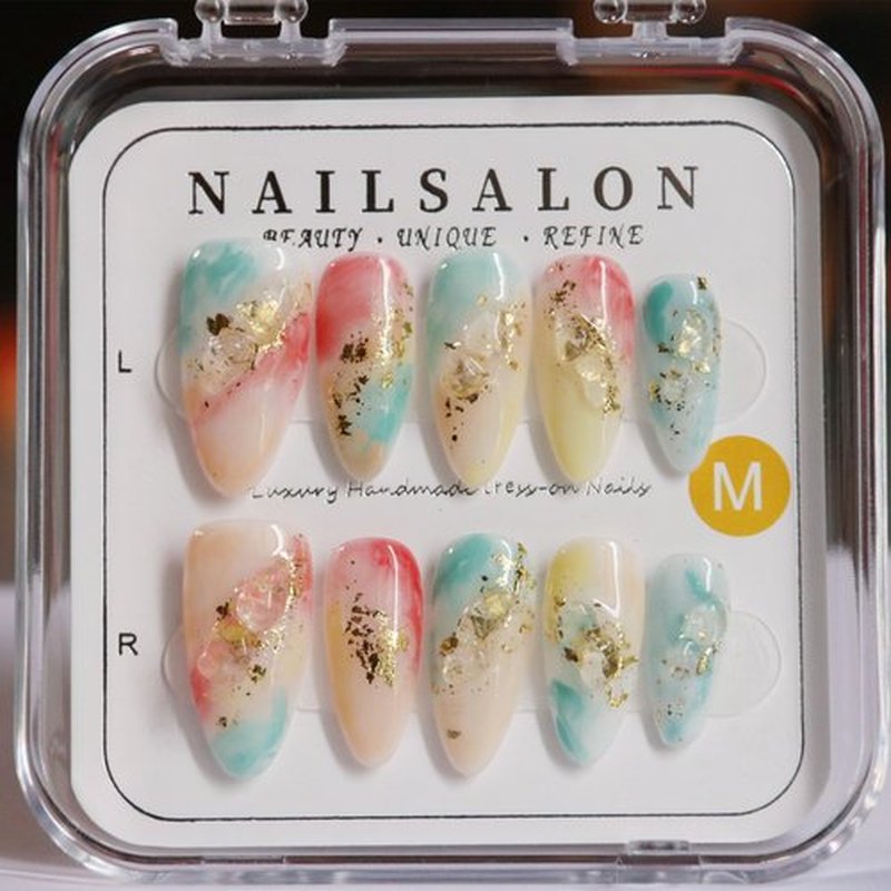 CAMILCY Handmade Nails Press on Design of Almond Shaped Multi Color Blue Yellow Red and Gold Foil Hand-painted Reusable Gel UV Finished Pre Shaped for Women 10pcs 3D Handmade False Nails (A015 L)