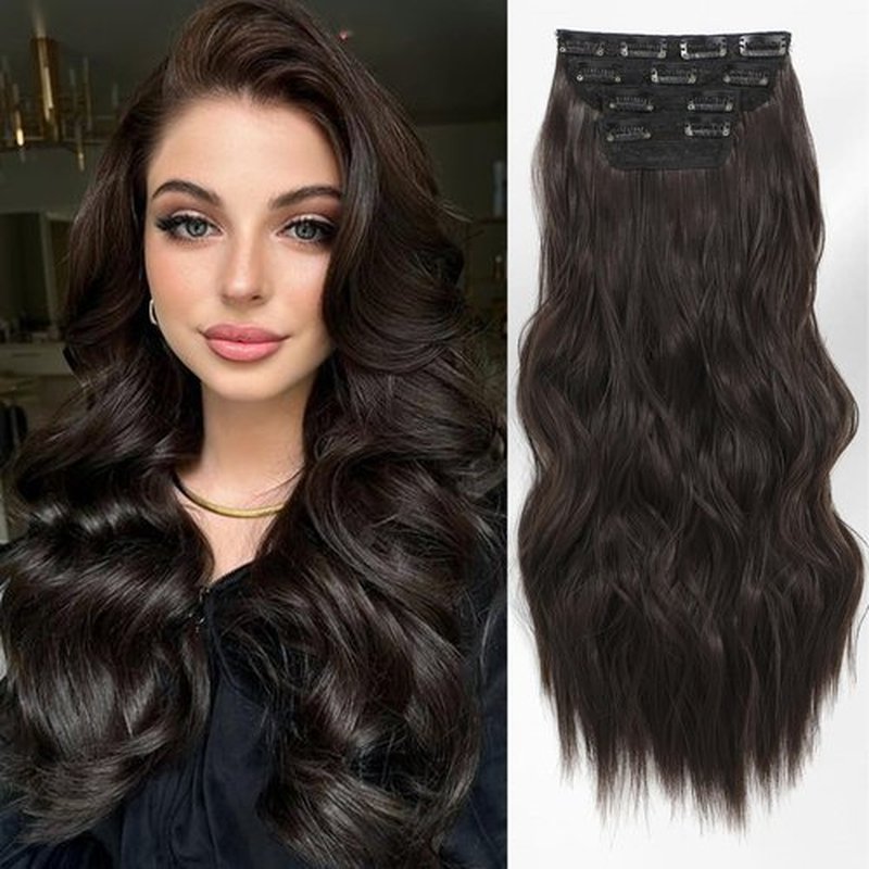 Clip In Hair Extensions Dark Brown Hair Extensions Clip Ins Long Wavy Soft and Thick Fiber Hair Extensions 4PCS Lightweight Synthetic Hair Extension Hairpieces for Women