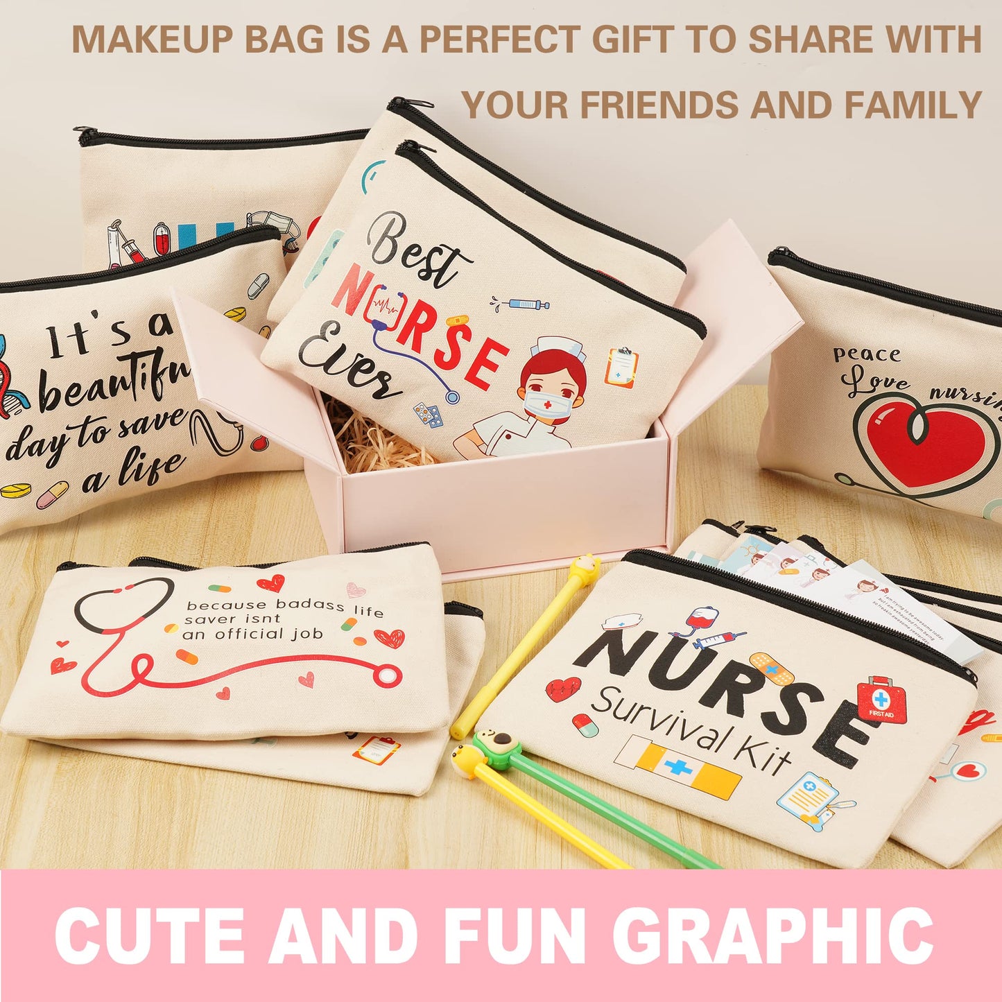 Kolewo4ever 16 Pieces Nurse Survival Kit Nurse Practitioner Gifts Nurse Appreciation Gifts CNA Week Gifts Nursing Makeup Bags Cosmetic Funny Travel Pouch Bag for Women Nurses