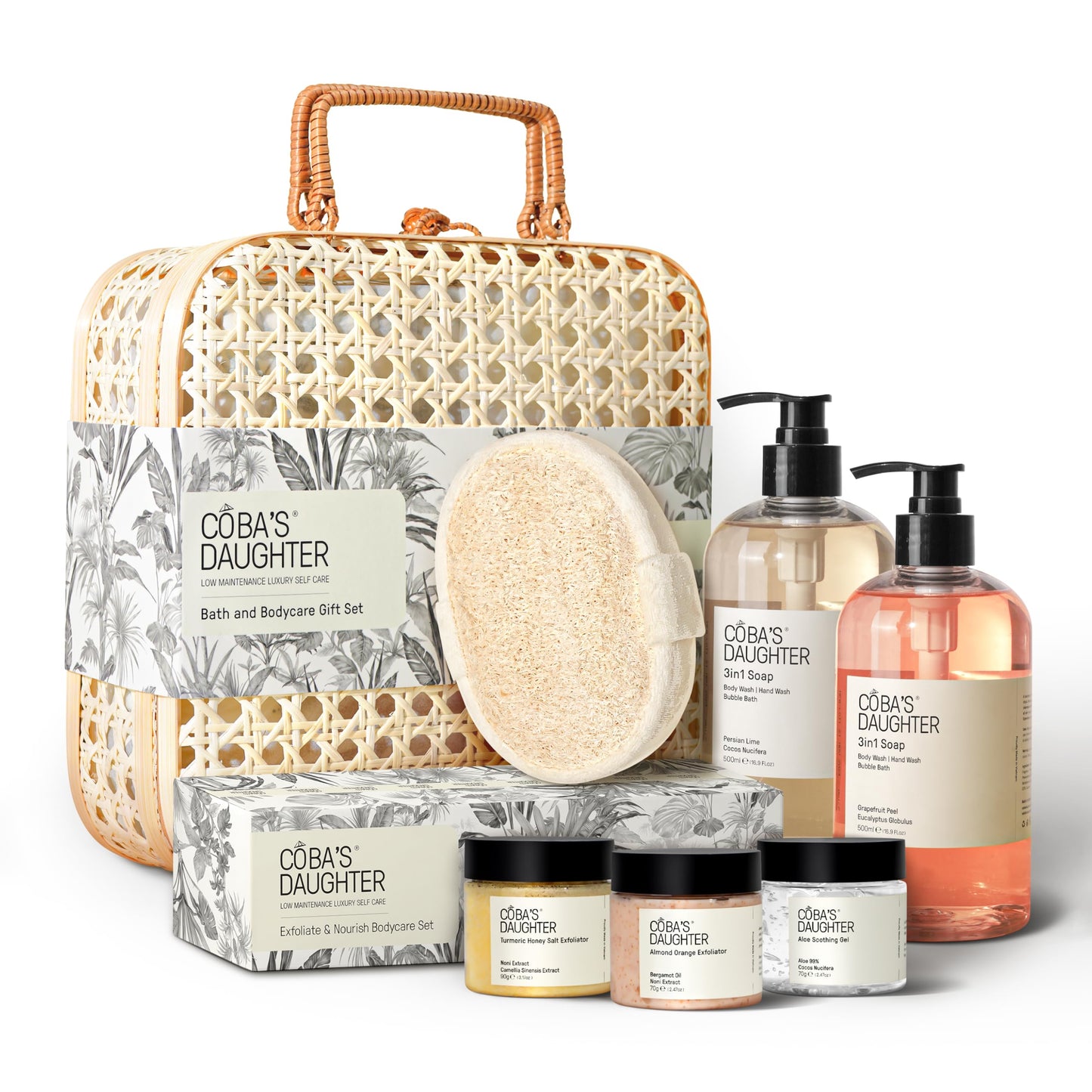 COBA’S DAUGHTER Luxury Spa Gift Set – 7-Piece Bath & Body Set with Rattan Case, Body Wash, Bubble Bath & Scrub – Premium Holiday, Birthday, Mother's Day, Housewarming, Bridal Shower & Self-Care Gift