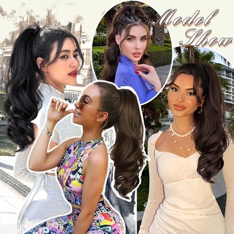 SHNMIN Ponytail Extension, Drawstring Ponytail Extension for Women 20 Inch Long Wavy Pony Tails Clip in Ponytail Hair Extensions Synthetic Layered Ponytail for Daily Use