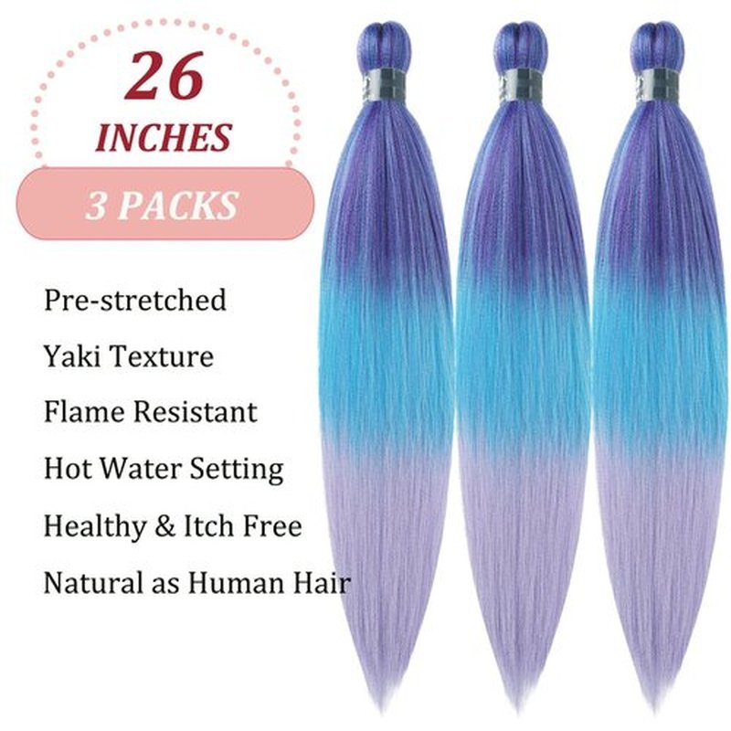 UPruyo Pre Stretched Braiding Hair Blue Purple Ombre Braiding Hair Pre Stretched Synthetic Hair Extensions for Braiding Box Braids Yaki Knotless Hypoallergenic Prestretched Braiding Hair 26 inch
