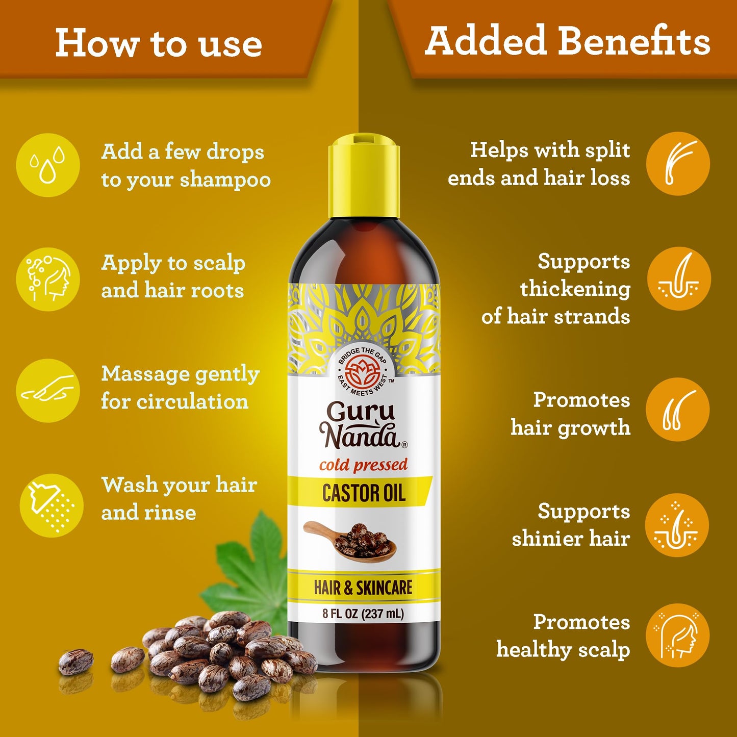 GuruNanda Castor Oil (8 Fl oz), 100% Pure & Natural - Cold Pressed & Hexane-Free, Hydrating Carrier Oil for Skin, Hair, Eyebrows & Eyelashes Growth (Pack of 3)