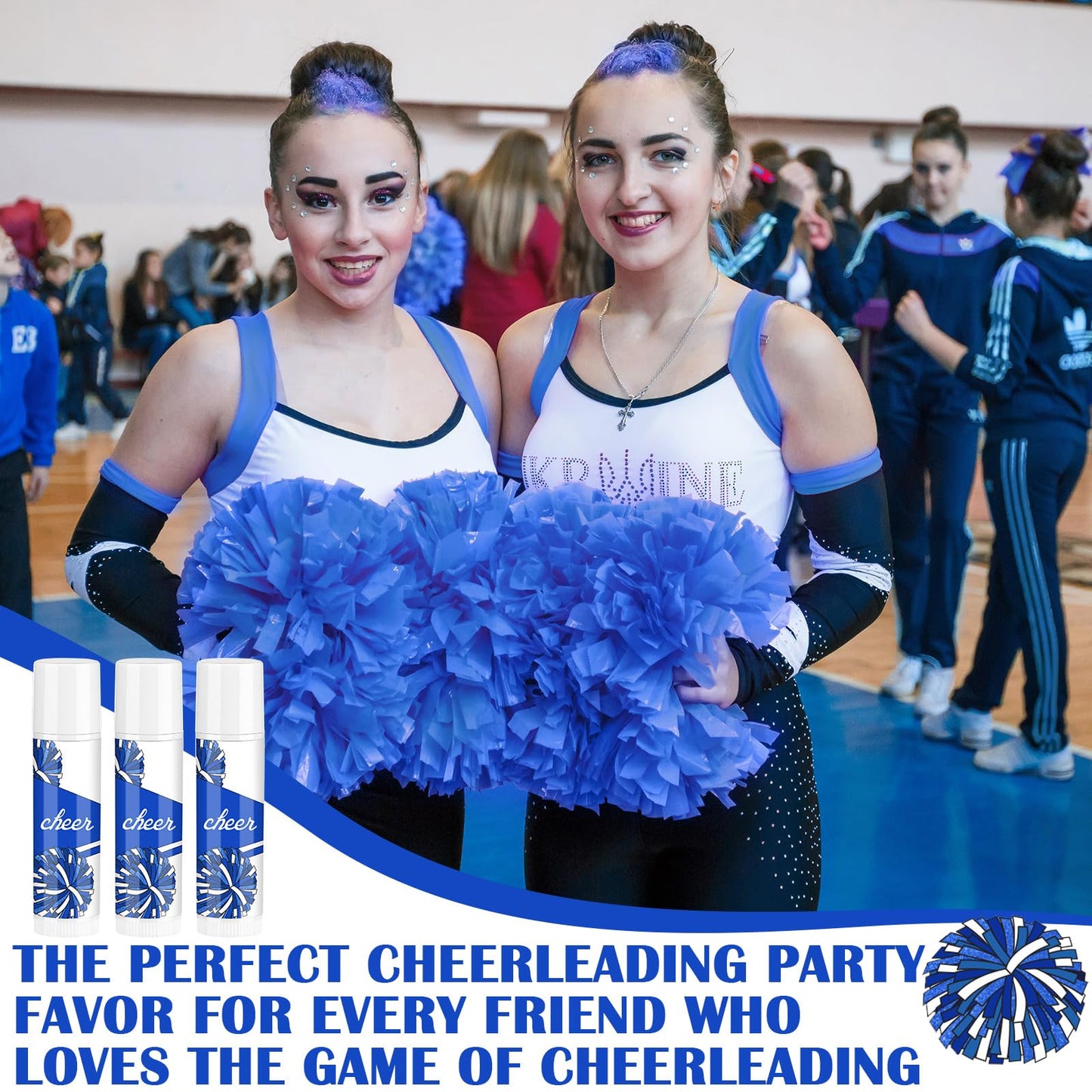 Suttmin 24 Pcs Cheer Lip Balm Bulk Cheer Teams Camp Gifts Pom Pom Leaders Party Favors Gear Lip Balm Valentine's Day Gift for Competitive Party Guest Supplies(Blue and White)