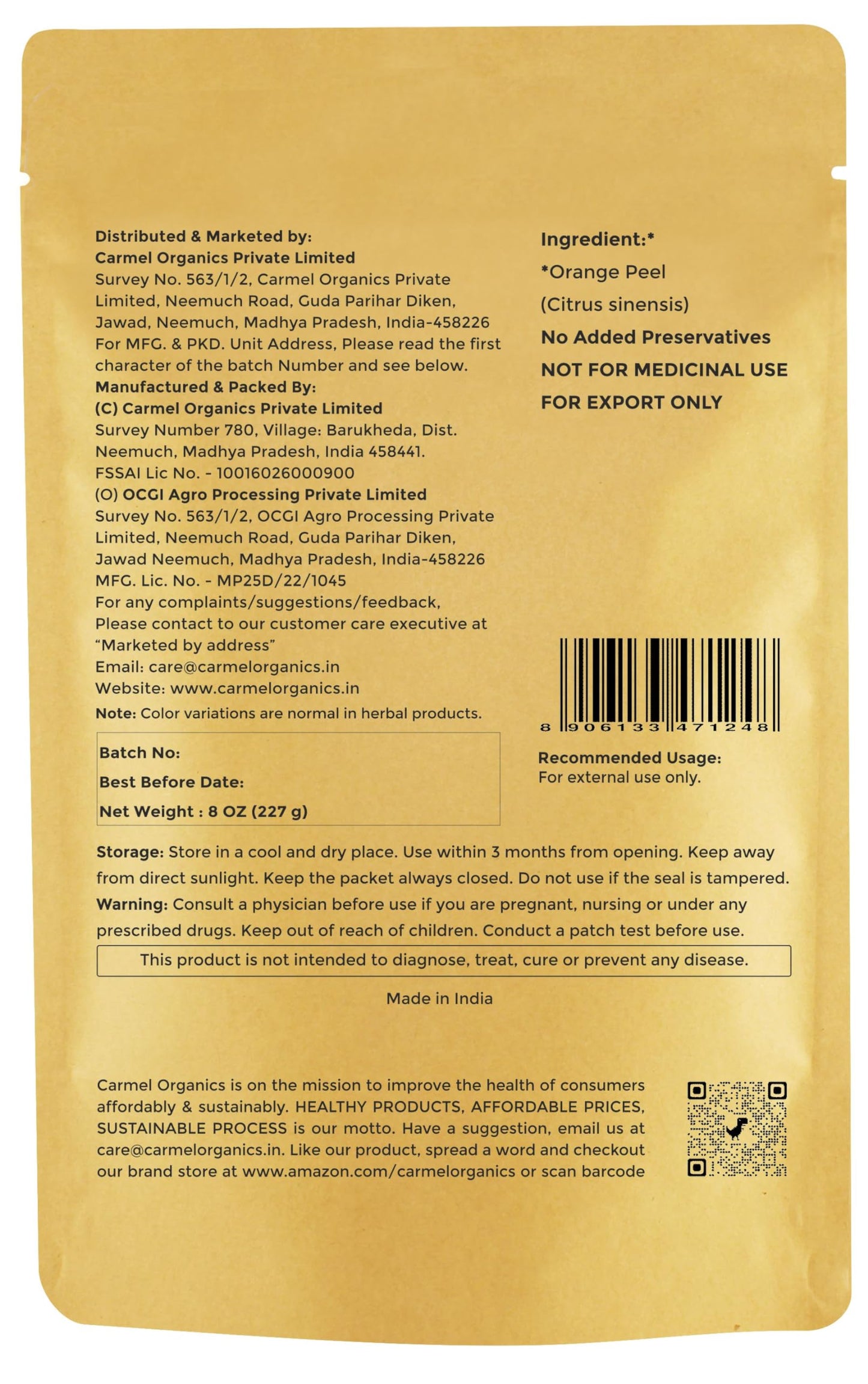 Carmel Organics Orange Peel Powder 8 Ounce