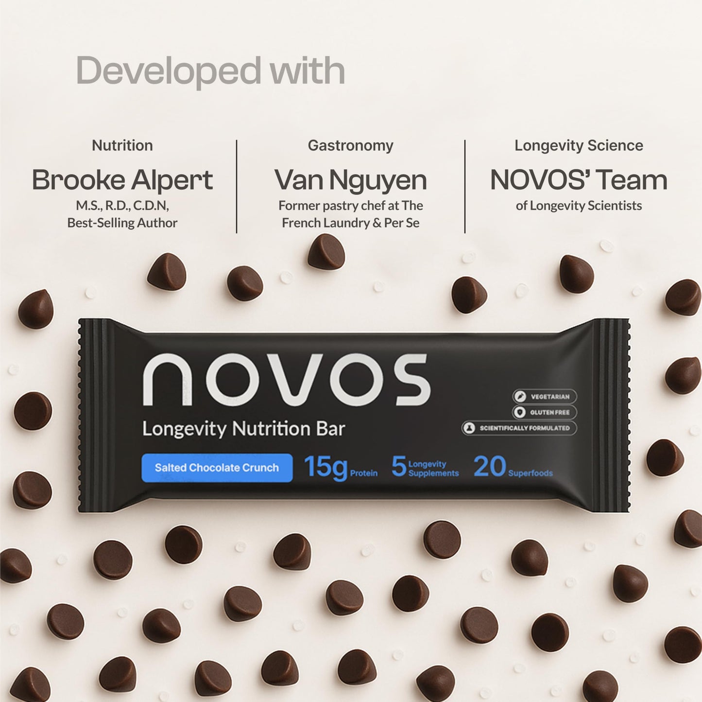 Novos Longevity Protein Bar | 15g Protein, 20 Superfoods, 5 Longevity Ingredients for Men & Women | Supports Skin, Mind & Mood | Salted Chocolate Crunch (12-Pack)