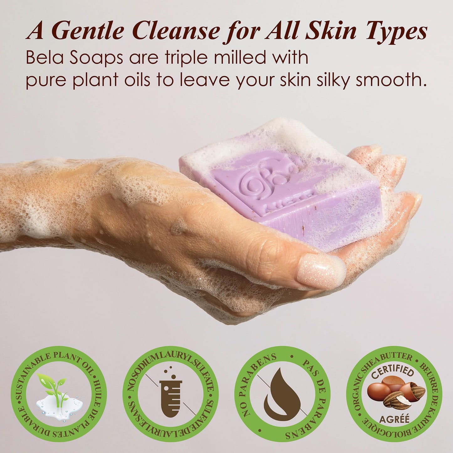 BELA Lavender Soap 3.3 OZ, Pack of 12, Long Lasting French Triple Milled Bar Soap with Organic Shea Butter, Hand, Face and Body Wash Bars, Made in Australia