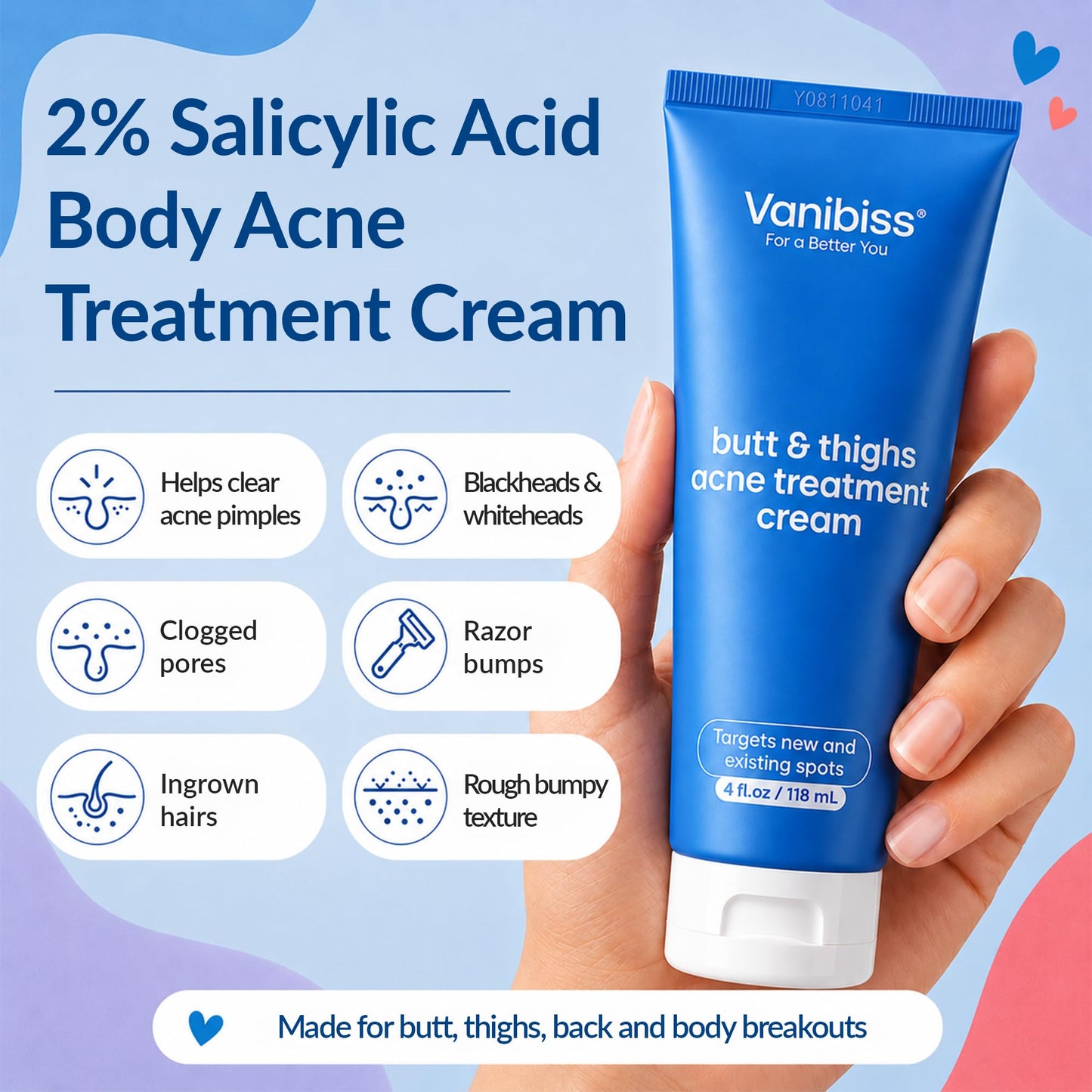 Vanibiss Butt & Thighs Acne Treatment Cream, 2% Salicylic Acid, 4 fl.oz